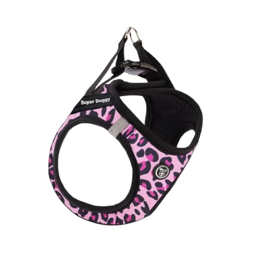 SUPER DOGGY Personalisiertes Katzengeschirr, inklusive 2 Namensschildern, verstellbar, reflektierend, weiche und atmungsaktive Weste, Anti-Ziehgeschirr für Katze (Pink Leopard, S) von SUPER DOGGY