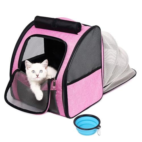 Katzenrucksack Hunderucksack, Erweiterbarer Haustier Rucksack für Kleine Hunde Katzen, von der Fluggesellschaft Zugelassen, Belüftetes Design für Reisen, Wandern & Draussen (Rosa) von SUPERBE