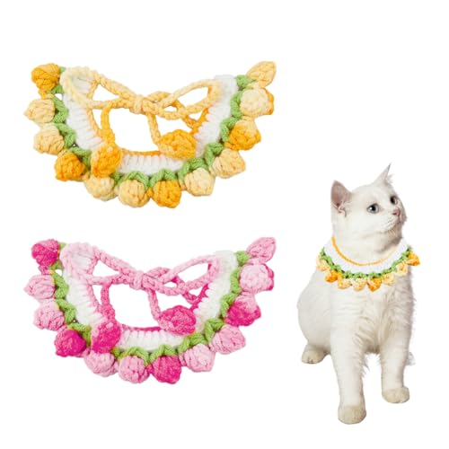SUPERFINDINGS Gestricktes Katzenhalsband, bequemes Rüschenhalsband für Kätzchen, Rot und Orange, Bandana für Katzen, niedliches Haustier-Lätzchen, Katzen-Halsbekleidung mit Fliege, von SUPERFINDINGS