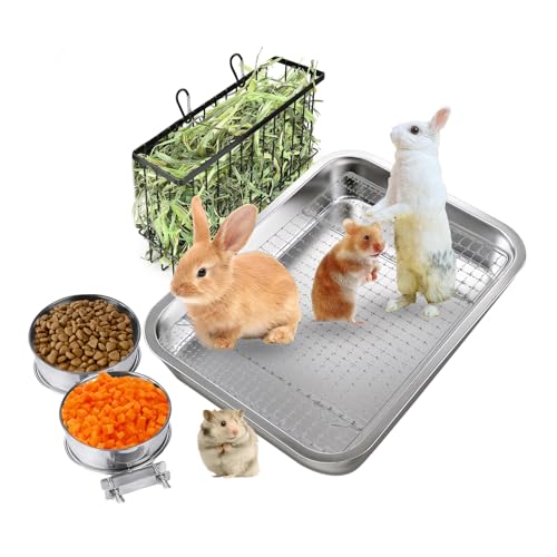 3-in-1 Kaninchen-Heu-Futterstation mit Edelstahl-Klo und 2 Näpfen und Metall-Heuraufsatz, hängender Heuspender für Kaninchen, Meerschweinchen, Chinchilla, Häschen und andere Kleintiere von SUPERPAWS