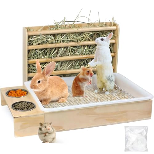 3-in-1 Kaninchen-Heu-Futterstation mit Katzentoilette, Heu-Futterstation aus Holz mit 2 Näpfen und Katzentoilette für Meerschweinchen, Chinchilla, Hase, andere Kleintiere (einfacher Ständer mit 3-in-1 Kaninchen-Heu-Futterstation mit Katzentoilette, Heu-Futterstation aus Holz mit 2 Näpfen und Katzentoilette für Meerschweinchen, Chinchilla, Hase, andere Kleintiere (einfacher Ständer mit von SUPERPAWS