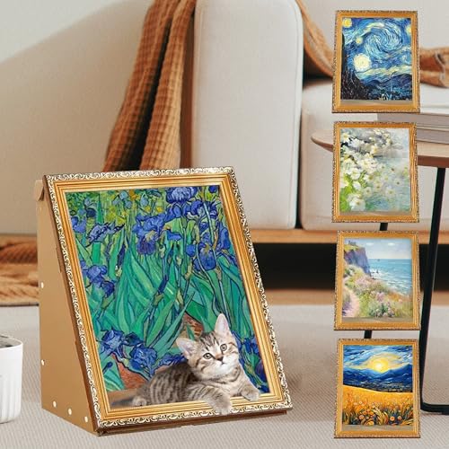 Art 3D Ölgemälde Katzennest für Künstler Kätzchen Kunst Rahmen Katzenbett mit Kratzbrett Katzenkratzpad für alle Jahreszeiten Indoor Katzenspielzeug Haus (Iris, Vintage Rahmen) von SUPERPAWS