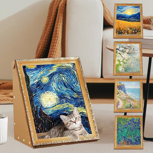 Art 3D Ölgemälde Katzennest für Künstler Kätzchen Kunst Rahmen Katzenbett mit Kratzbrett Katzenkratzpad für alle Jahreszeiten Indoor Katzenspielzeug Haus (Sternennacht, Vintage Rahmen) von SUPERPAWS