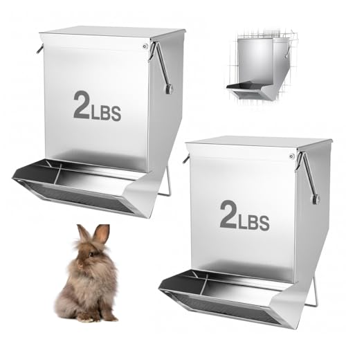 Kaninchen-Futterspender für Meerschweinchen-Futterspender für Käfige, großes Fassungsvermögen, 0,9 kg, mit Deckel und zum Aufhängen, Kleintierfutterspender für Bauernhof, Garten, Silber, 11,9 cm, 2 von SUPERPAWS