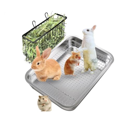 Kaninchen-Heu-Futterstation mit Edelstahl-Klo und Metall-Heuraufsatz, hängender Heu-Futterspender für Kaninchen, Meerschweinchen, Chinchilla, Häschen und andere Kleintiere von SUPERPAWS