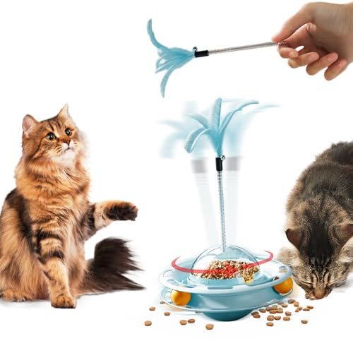 SUPERPAWS 2-in-1 Katzenspielzeug, interaktives Spielzeug, Roller, 3-stufiger Drehteller, Katze, langsamer Futterspender, Zauberstab (Blau-B) von SUPERPAWS