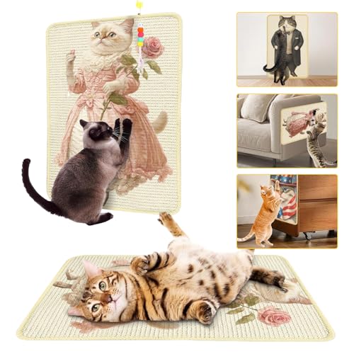 Sisal-Kratzmatte, dekorativ, 55,9 x 33 cm, Kratzmatte mit Klettverschluss und Spielzeug, verschleißfeste Katzenkratzer für Boden, Teppich, Couch, Möbel (Aristokratische Katze) von SUPERPAWS