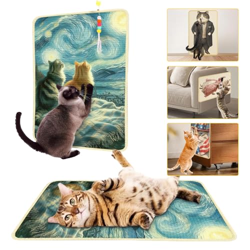 Sisal-Kratzmatte, dekorativ, 55,9 x 33 cm, Kratzmatte mit Klettverschluss und Spielzeug, verschleißfeste Kratzmatte für Boden, Teppich, Couch, Möbel (Sternenhimmel-Katze) von SUPERPAWS