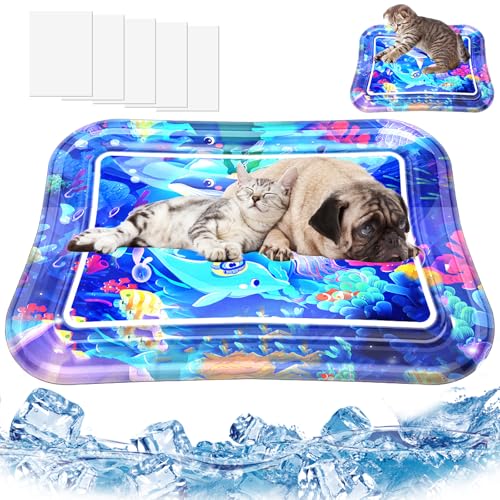 Verdickte sensorische Wassermatte für Katzen und Hunde, kühlende Sommer-Spielmatte mit schwimmendem Fisch, auslaufsicheres Design für gelangweilte Haustiere, zum Spielen, Schlafen und Trainieren von SUPERPAWS