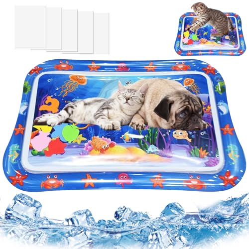 Verdickte sensorische Wassermatte für Katzen und Hunde, kühlende Sommer-Spielmatte mit schwimmendem Fisch, auslaufsicheres Design für gelangweilte Haustiere, zum Spielen, Schlafen und Trainieren von SUPERPAWS