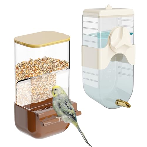 Vogelfutterspender Wasserspender Set, Automatischer Käfig-Futterspender mit Sitzstange für Sittich, Kanarienvögel, Nymphensittiche, Finken, Wellensittiche (Braun) von SUPERPAWS