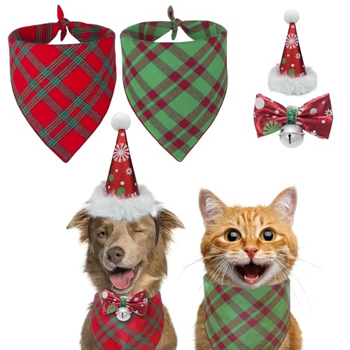 Weihnachts-Hundekostüme, klassisches Büffelkaro, Weihnachts-Hunde-Outfit, Kleidung, Halstuch, Schal, Halstuch, Dreiecks-Lätzchen, Zubehör für kleine/mittelgroße Hunde, 4 Stück von SUPERPAWS