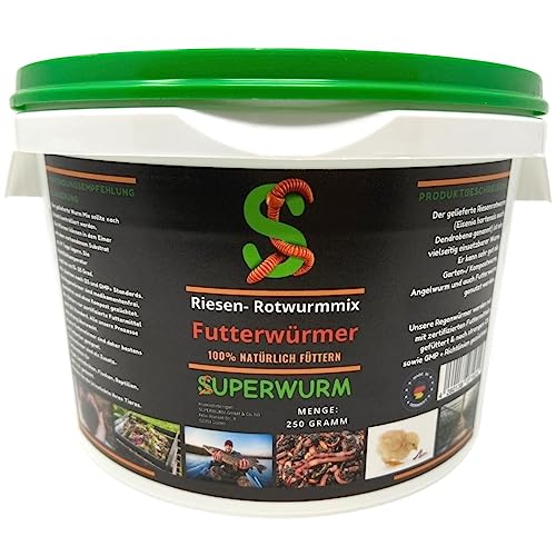 SUPERWURM Futterwurm-Mix 250g (ca.300 St.) - Der Riesen-Rotwurmmix mit lebenden Futterwürmern I Gesunde & nachhaltige Fütterung Ihrer Fische, Reptilien, Hühner, Schildkröten, Vögel von SUPERWURM