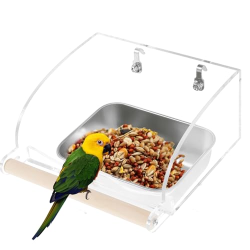 Vogel Futter Wassernapf, Acryl Vogelfutterstation Transparenter Vogelhäuschen Vogelfutterspender für Käfig Edelstahl Vogel Futter Wasserschüssel Geflügelschale mit Holzständer für Papageien(A) von SUPPUIMNT