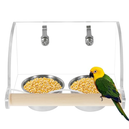 Vogel Futter Wassernapf, Acryl Vogelfutterstation Transparenter Vogelhäuschen Vogelfutterspender für Käfig Edelstahl Vogel Futter Wasserschüssel Geflügelschale mit Holzständer für Papageien(B) von SUPPUIMNT