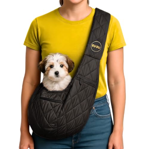 SUSU Katzentragetasche, weiches und sicheres Katzentuch für Reisen, verstellbare Tragetasche für kleine Hunde & freihändige Katzentasche für kleine Haustiere bis zu 4,1 kg (Seidenschwarz) von SUSU PET CO.