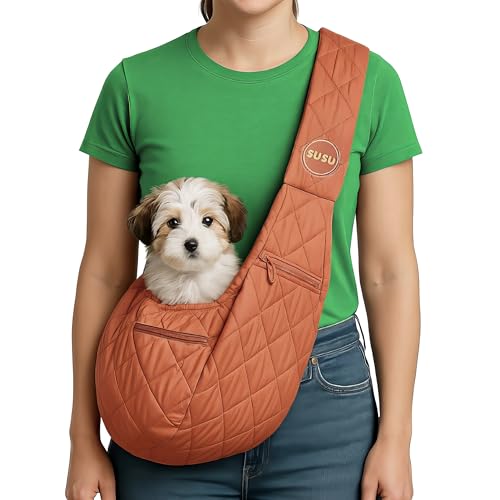 SUSU Tragetuch für kleine Hunde – freihändiges Tragetuch für kleine Hunde & Katzen bis zu 4,1 kg | Verstellbare, weiche & sichere Hundeschlinge für Reisen & Spaziergänge (Kamelbraun) von SUSU PET CO.