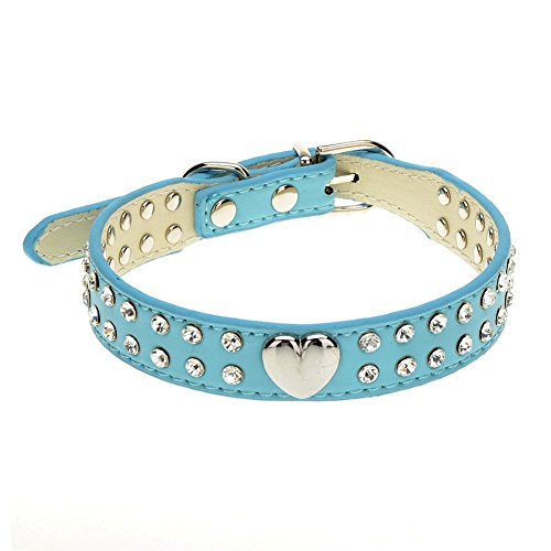 suxuMhao Niedliches 2-reihiges Hundehalsband aus Leder mit Strasssteinen und Herzen, für kleine oder mittelgroße Hunde, Blau, Größe S von SUXUMHAO