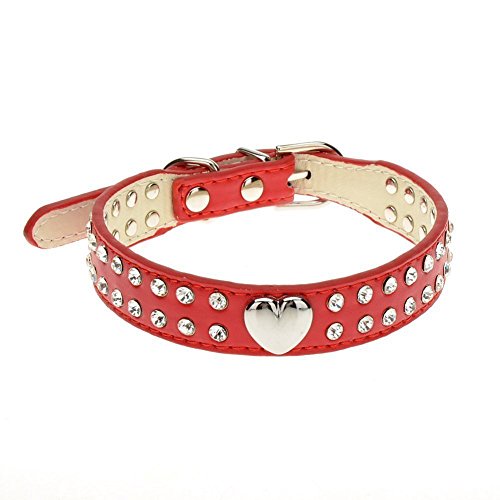 suxuMhao Niedliches 2-reihiges Hundehalsband aus Leder mit Strasssteinen und Herzen, für kleine oder mittelgroße Hunde, Rot, Größe M von SUXUMHAO