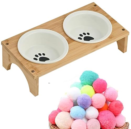 SUYUKU 2 Stück Katzennäpfe aus Holz, erhöht, 15 ° Futternapf, Anti-Erbrechen, Katzenfutterschale mit Katzenspielzeugball für Katzen, Welpen, Hunde, schützt die Wirbelsäule des Haustiers (Pfote) von SUYUKU