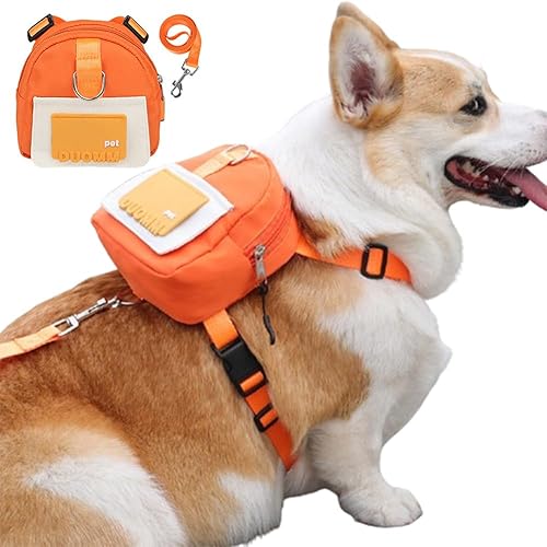 SUYUKU Haustier-Rucksack für Hunde, große Kapazität, Leckerli-Tasche, Tragetasche mit Leine, Welpensatteltasche, Kotbeutel, Sattelrucksack, Geschirr für Hunde, Reisen, Laufen, Camping (Orange, S) von SUYUKU
