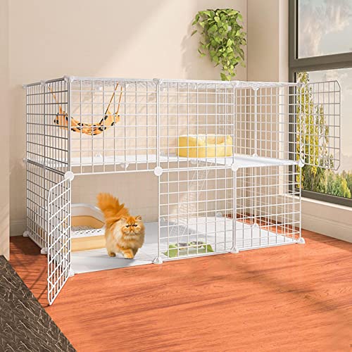 Große 2-stöckige Katzentoilette, Abnehmbarer DIY-Innenraum aus Metall, mit Leiter, Katzenhängematte, Katzennest, Katzentoilette mit Schaufel, automatischer Wassernachfüll-Katzennapf, Übungsplatz von SUuim