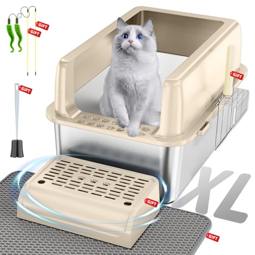 Katzentoilette aus Edelstahl, 9-in-1-Starter-Set, völlig geruchlos, extra große Katzentoilette, hohe Seiten, Katzentoilette mit Deckel, XL geschlossene Katzentoiletten, antihaftbeschichtet, Katzentoilette aus Edelstahl, 9-in-1-Starter-Set, völlig geruchlos, extra große Katzentoilette, hohe Seiten, Katzentoilette mit Deckel, XL geschlossene Katzentoiletten, antihaftbeschichtet, von SVKLHY