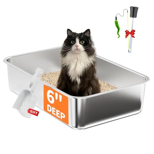 4-in-1-Katzentoiletten-Set aus Edelstahl, große Katzentoilette mit Katzentoilette, Bürste, Katzenstäbe, nicht klebendes Metall-Klo für Katze, Kätzchen, Kaninchen, geruchlos, leicht zu reinigen (60 x von SVKLHY