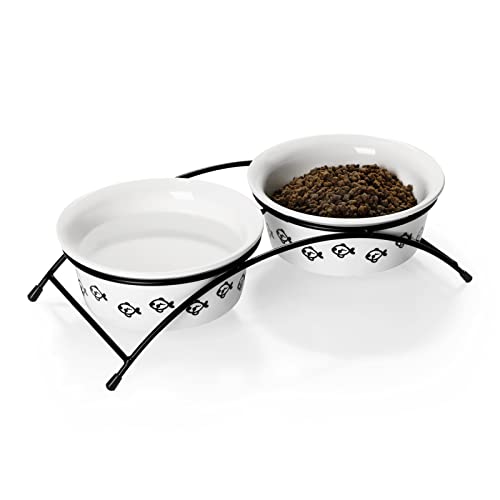 SWEEJAR Futternäpfe für Katzen mit rutschfestem Ständer, Keramik-erhöhtes Katzennapf-Set für Futter und Wasser, Porzellan, 340 ml Haustiernapf für Katze und kleine Hunde, 2er-Set (weiß) von Sweejar