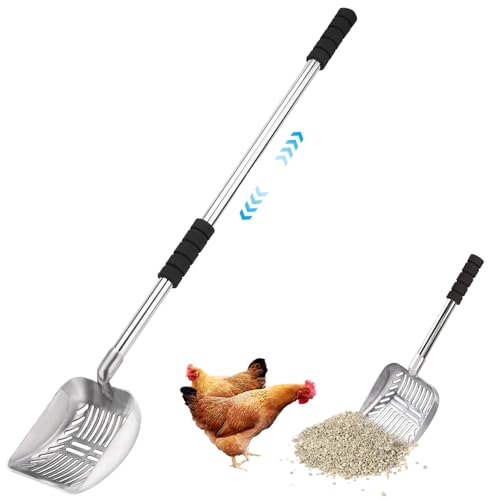 SWEETBIUTI Chicken Pooper Schaufel Langer Griff 9in/16 Zoll einstellbares Fine Mesh Chicken Coop Scooper mit großer Schaufel und Rutschgreifer-Grip Metall abtrennbarer Hund Katze Katzentrupps Scoop von SWEETBIUTI
