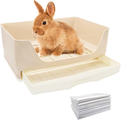 Große Kaninchen Toilette, Töpfchentrainer mit Schublade und 100 Einweg-Haustiertoilettenfolien, Haustierpfanne für Meerschweinchen, Kaninchen, Hamster und Kleintiere von SWHCM