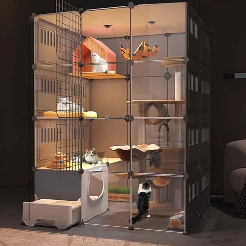 Katzengehege Indoor XXL, Katzenkäfig, mit Geschlossener Katzentoilette, PVC-transparentes Design, Boden Ist Verstärkt und Tragfähig, Leicht zu Reinigen von SWHSWQ