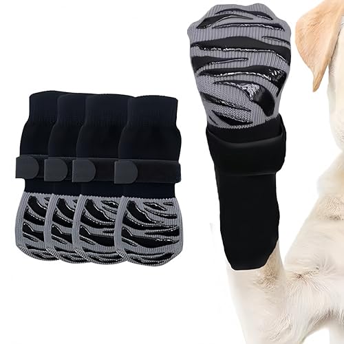 Hundesocken – rutschfeste Pfotenschutz für Hartholzböden | rutschfeste Traktionssocken | Bleibt an wenn verdreht | stoppt Lecken und Kratzen (4er-Pack) (gestreift, groß) von SWOAWO