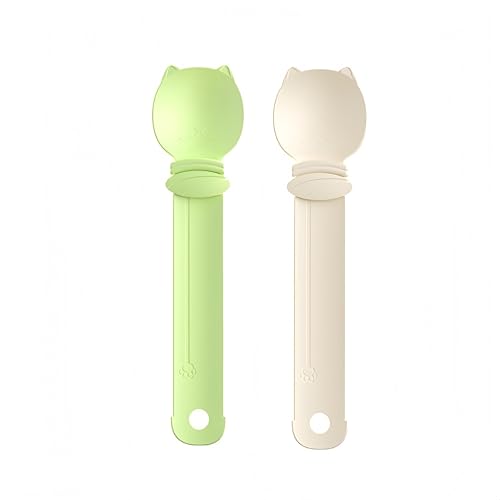 Katzen-Löffel, Quetsch- und leckbarer Leckerli-Spender für Nassfutter, Mehrzweck-Haustierfutterdosenzubehör (verschiedene Farben) (Grün + Beige) von SWOAWO