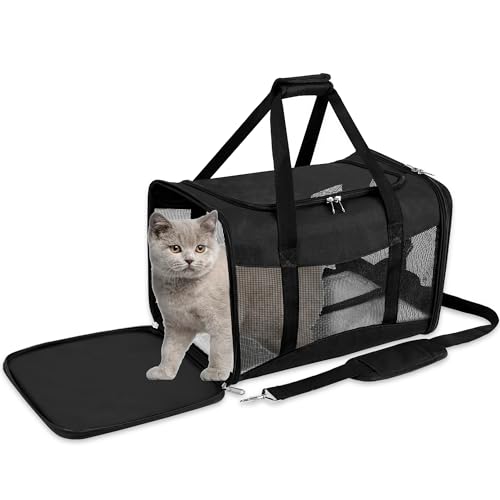 Transporttasche für Katzen/Hunde, mit weicher Seite, zusammenklappbar, mit abnehmbarer Matte und Schultergurt, Netzstoff, Top-Load-Tragetasche für kleine Hunde/Katzen, bis zu 7,7 kg, TSA-zugelassen, von SWUVVI