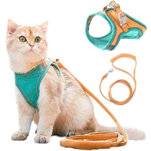 Wahre Katzenliebe™ - atmungsaktives Katzengeschirr + Leine (L-4-7KG,Orange/Grün) von SWZEC