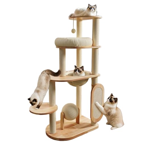 Katzen-Aktivitätskratzbäume, Katzenbaum mit Gepolsterter Plüschsitzstange, Gemütlichem Gewebtem Katzenbett, Sisalbällen und Sisalkratzbäumen von SXYCKRUI
