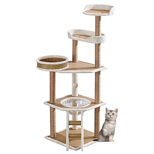 Katzenbaum Mit Privatem, Gemütlichem Katzenhaus und 2 Sitzstangen, Mehrstöckiges Aktivitätskratzbäume mit Sisal-Kratzbäumen und Plüsch-Pom-Pom von SXYCKRUI