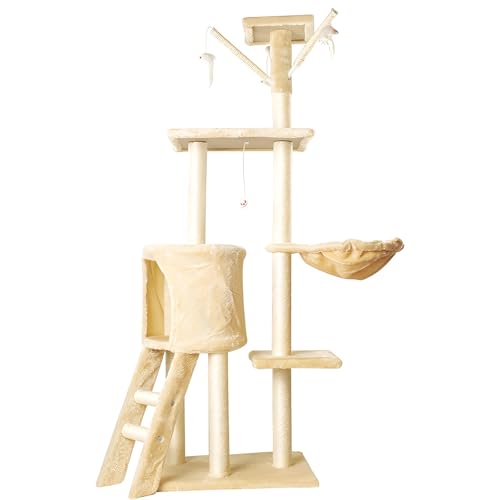 Katzenkratzbaum, Mehrstöckiges Katzenbaum mit Breiter Basis/Gemütlichen Plüschsitzstangen/Körben/Sisalkratzbäumen und Hängematte(Beige) von SXYCKRUI