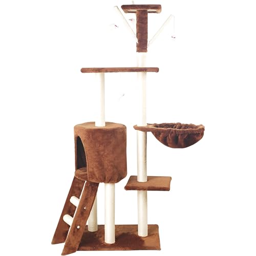 Katzenkratzbaum, Mehrstöckiges Katzenbaum mit Breiter Basis/Gemütlichen Plüschsitzstangen/Körben/Sisalkratzbäumen und Hängematte(Brown) von SXYCKRUI