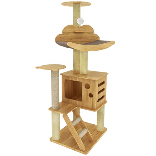 Kratzbaum Groß mit Sisal-Kratzbäumen, Katzenbaum mit Drehbarem Rattan-Katzenbett für Indoor-Aktivitäten und Entspannung von SXYCKRUI