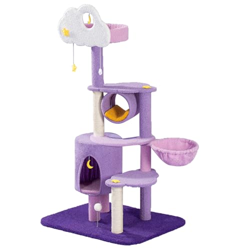 Mehrstöckiger Katzenbaum mit Bequemer Ruheplattform aus Plüsch, Lila-Rosa Katzenkratzbaum mit Kratzbaum und Pomponball-Spielzeug Mehrstöckiger Katzenbaum mit Bequemer Ruheplattform aus Plüsch, Lila-Rosa Katzenkratzbaum mit Kratzbaum und Pomponball-Spielzeug von SXYCKRUI
