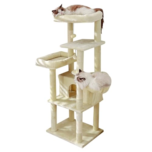 Mehrstöckiger Katzenkratzbaum mit Erweiterter Plattform, Hohe Katzenhäuser mit Gepolsterter Sitzstange, Kratzbäum, 2 Bälle Als Spielhaus für Haustiere(Beige) von SXYCKRUI