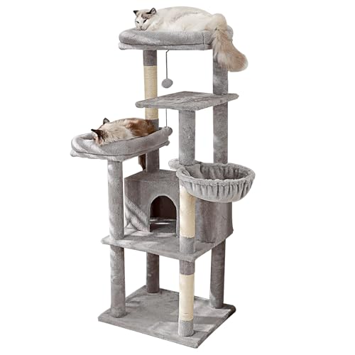 Mehrstöckiger Katzenkratzbaum mit Erweiterter Plattform, Hohe Katzenhäuser mit Gepolsterter Sitzstange, Kratzbäum, 2 Bälle Als Spielhaus für Haustiere(Gray) von SXYCKRUI