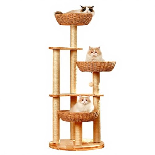 Mehrstöckiges Kratzbaum, Moderner Katzenbaum mit 3 Rattan-Webnestern und Sisal-Kratzbaum für Entspannende Aktivitäten Im Innenbereich von SXYCKRUI