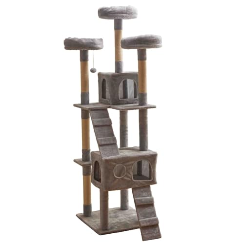 Moderne Kratzbaum Katze, Mehrstöckiger Katzenkratzbaum mit Katzenhaus, Plüschsitzstangen und Kratzbäum, Hängematten und Spielhaus(Gray) von SXYCKRUI