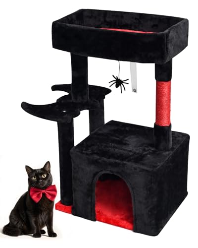 SYANDLVY Gothic Katzenbaum mit Sargbett für Indoor-Katzen, Aktivitätsturm mit Kratzbaum, modernes Haus für große Katzen, Katzenhaus-Möbel mit Korb & hängender Spinne für Spielruhe, Schwarz & Rot SYANDLVY Gothic Katzenbaum mit Sargbett für Indoor-Katzen, Aktivitätsturm mit Kratzbaum, modernes Haus für große Katzen, Katzenhaus-Möbel mit Korb & hängender Spinne für Spielruhe, Schwarz & Rot von SYANDLVY