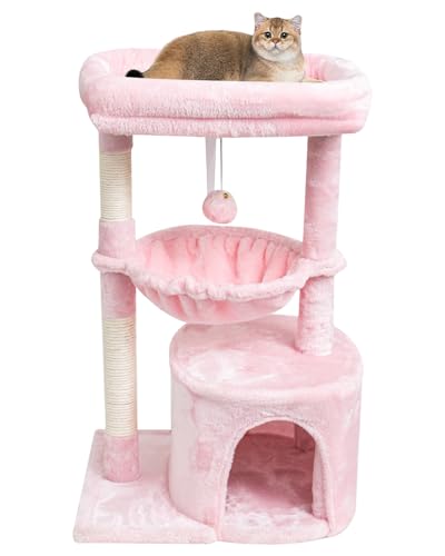 SYANDLVY Katzenbaum für Indoor Katzen Groß Erwachsene, Katzenturm mit Kratzbaum, Modern Katzenhaus mit Gepolsterter Sitzstange, Kätzchen Condo mit Wiege, Katzenhöhle, Rosa von SYANDLVY