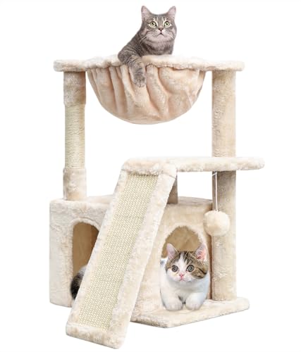 SYANDLVY Katzenbaum für Indoor-Katzen Große Erwachsene, Moderner Aktivitätsturm mit Kratzbäumen & Brett, Condo mit Plüschsitzstange, Kletterständer mit Wiege & Hängeball zum Spielen, Beige von SYANDLVY