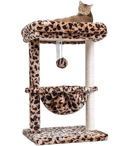 SYANDLVY Kleiner Katzenbaum für Indoor-Katzen, einzigartiger Leopardenmuster, Katzenbaum Turm für Kätzchen, Wohnmöbel mit Hängematte und Sisal-Kratzbäumen von SYANDLVY